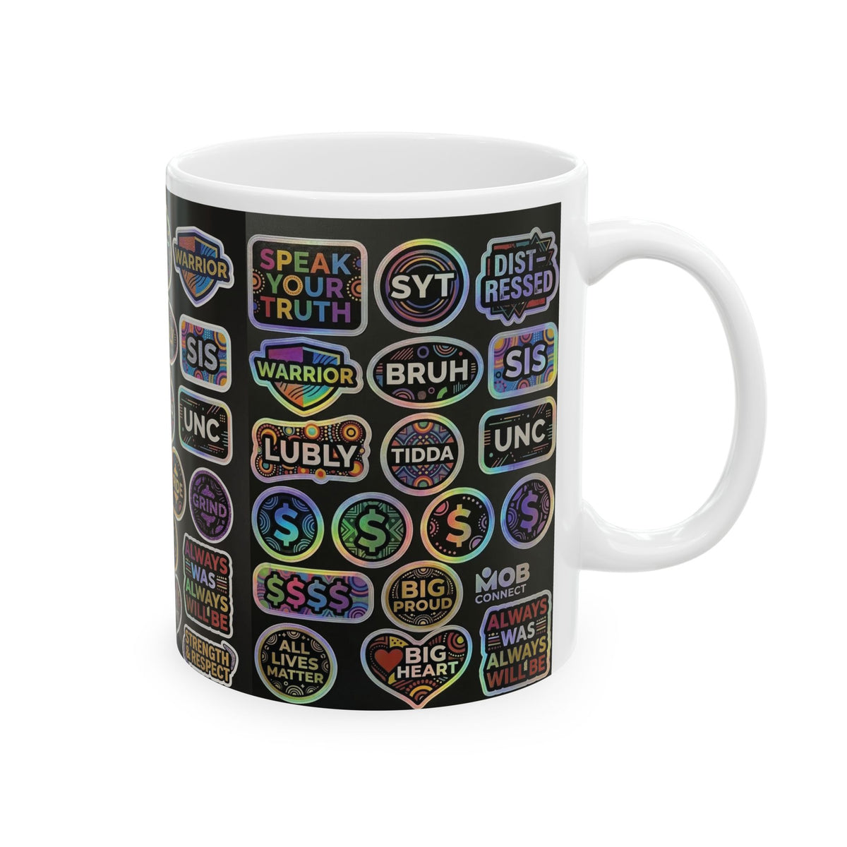 Sticker Patch Pattern Ceramic Mug — Colorful Motivational Phrase Decal Design (11oz, 15oz)