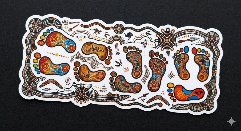 Aboriginal dot art footprints sticker sheet displayed on black background showing rich cultural dot art detail