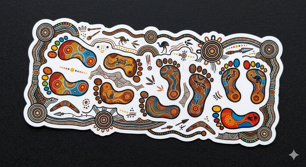 Aboriginal dot art footprints sticker sheet displayed on black background showing rich cultural dot art detail