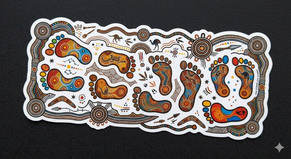 Aboriginal dot art crown sticker sheet on black background featuring Mob Proud, Elders Crown, Torres Strait Crown, Sovereignty, Ancestral Legacy, Rainbow Serpent Crown, Storyteller Crown, Knowledge Holder and more