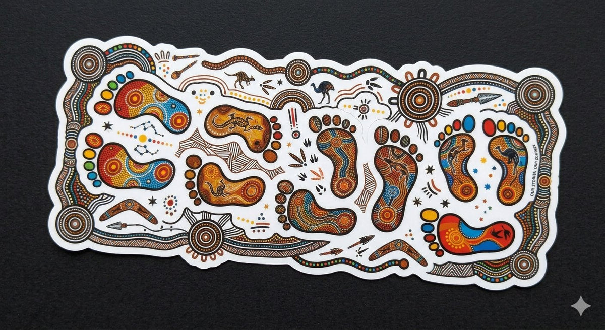 Aboriginal dot art crown sticker sheet on black background featuring Mob Proud, Elders Crown, Torres Strait Crown, Sovereignty, Ancestral Legacy, Rainbow Serpent Crown, Storyteller Crown, Knowledge Holder and more